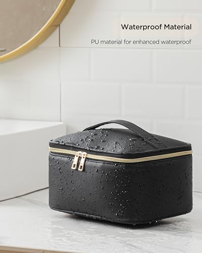 HBlife Travel Makeup Bag Portable Cute Leather Cosmetic Bag Large Make Up Bag Makeup Case Organizer Toiletry Bag for Women Girls with Handle and Removable Divider(Black) - Image 6