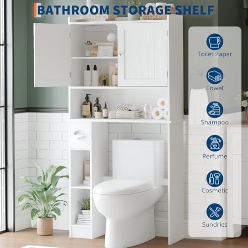 Over The Toilet Storage Cabinet with Toilet Paper Holder Double Door Bathroom Organizer with Adjustable Shelves Freestanding Bathroom Shelf Toilet Storage Cabinet Space-Saving Toilet Rack, White