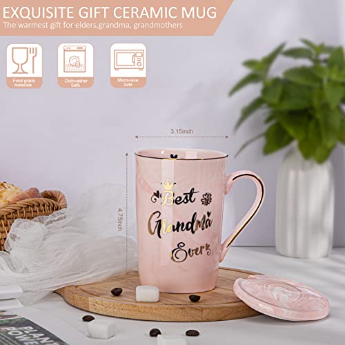 Gifts for Grandma - Best Grandma Ever Mug, Unique Christmas Birthday Gifts for New Grandmas from Granddaughter Grandson - 14Oz Pink Marble Ceramic Coffee Mugs Print with Gold - Lid Spoon Card, Box