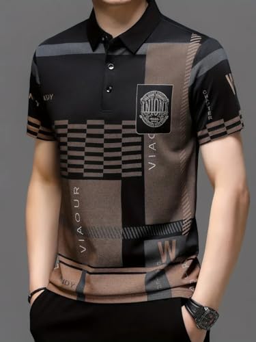 Image of Men's Irregular Geometric Pattern and Alphabet Print Sports Collar Tshirt (Rizim Temu Print Polo-Black)