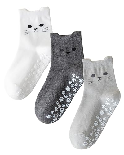 Mokde Mondge Cute Pilates Socks for Women Non Slip Grip Sock With Cat Paw for Yoga Barre Hospital Barefoot Workouts Fitness 3 Pairs White+dark Grey+light Grey 5-9.5