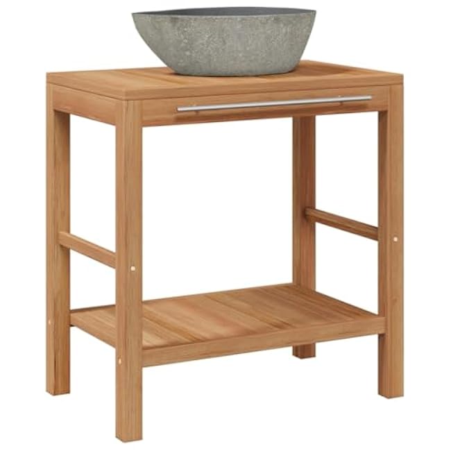 Enhance Bathroom Storage with Solid Teak Cabinet and Riverstone Sink, Durable Design, Built-in Handrail for Convenience