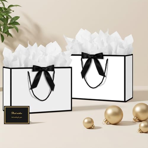 6 Pcs Medium Gift Bags for Present - Birthday Gift Bag with Wrappers and Cards, Party Bags with Handles for Weddings, Birthdays, Parties, Valentine's Day and Christmas (White)