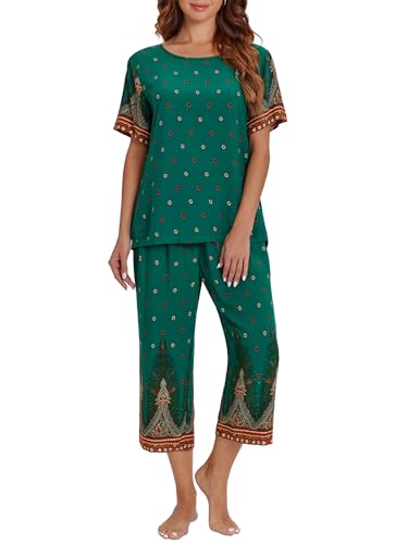 Image of Ekouaer Women's Two Piece Lounge Set Short Sleeve Shirt and Capri Pants Mumu Pajama with Pockets Loungewear Pjs Sets S-2XL