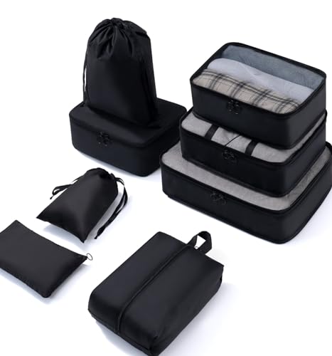Meowoo 8-teilig Koffer Organizer Set, Packing Cubes, Packwürfel für Urlaub & Business, Reise Organizer mit Kleidertaschen, Gepäck Aufbewahrung Taschen, Ordnungssystem für Koffer (Schwarz)