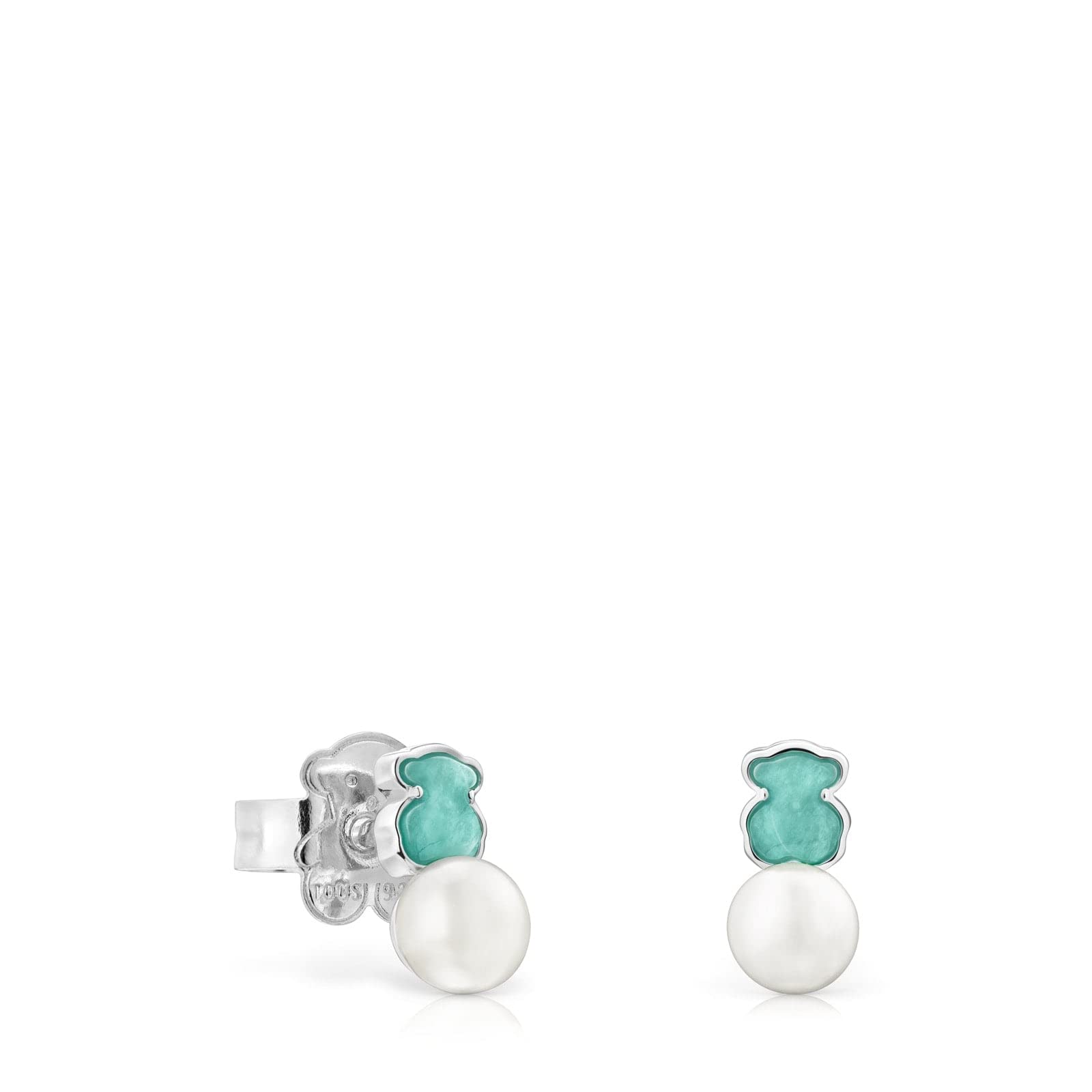 TOUS Pendientes de Plata de Primera Ley para Mujer con Cierre a Presión y Motivo de 1.05cm en Amazonita y Perla, Versátil y Combinable, Colección Mini Color