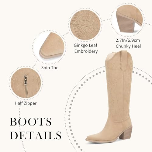 Image of wetkiss Cowboy Boots for Women Knee High, Low Heeled Stable and Comfortable | Knee High Cowgirl Boots,Western Boots with Embroidery,Pull On,Slip On,Non-slip Rubber Sole,Soft and Breathable PU Leather