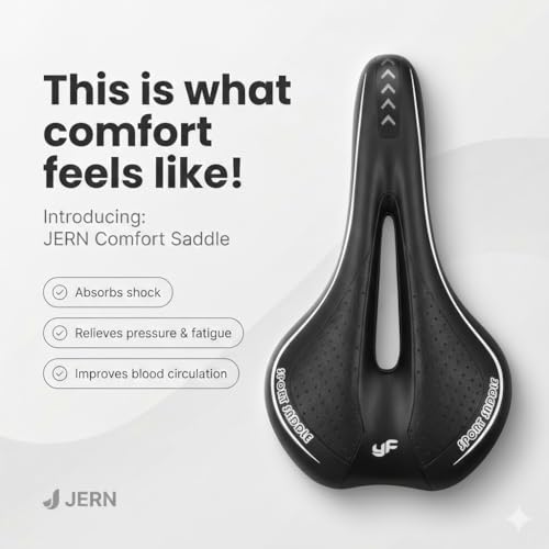 Image of JERN Ergonomic Bicycle Saddle, Memory Foam Comfort Bike Seat with Airflow Vent, Shock Absorption, Anti-Slip Design for MTB, Road, Cycle (Black)