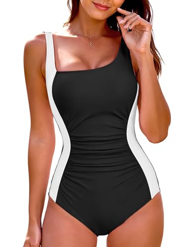 Womens One Piece Swimsuit Asymmetrical Color Block Bathing Suit Trendy Slimming Tummy Control Swim Suits