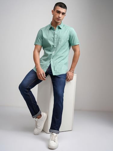 Image of Highlander Men's Sea Green Slim Fit Half Sleeves Shirt | Fresh & Stylish | A Soft Hue with a Sharp Fit