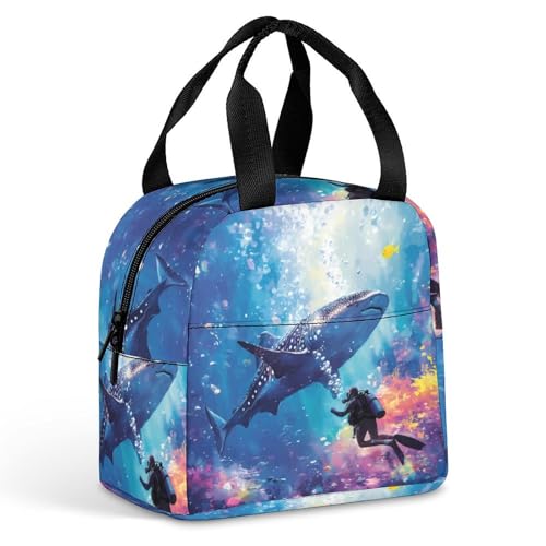 Scuba Diver And Whale Shark Swim Together Lunch Bag for Women Men Adult Handle Insulated Container Tote Lunch-Box
