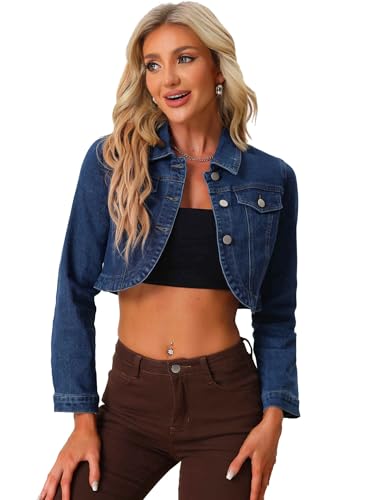 Allegra K Denim Jacket for Women's 2025 Casual Collared Long Sleeve Crop Jean Jackets Medium Dark Blue