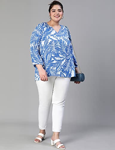 Image of oxolloxo Women Plus Size Tropical Print V-Neck Button Tab Sleeve Blue Top