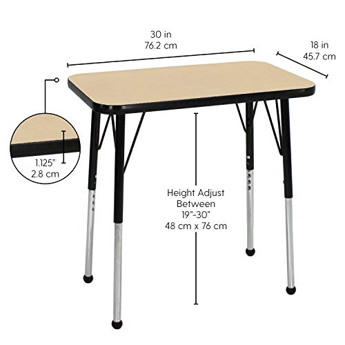 Image of FDP Rectangle Single Student Activity Table (30 x 18 inch), Standard Ball Glide Legs, Adjustable Height 19-30 inches For Social Distance, Virtual In-Home, Classroom Learning - Maple Top /Black Edge