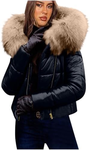 Womens Bright down Jacket Winter Warm Faux Fur Hooded Jacket Casual Warm Puffer Parka Coat