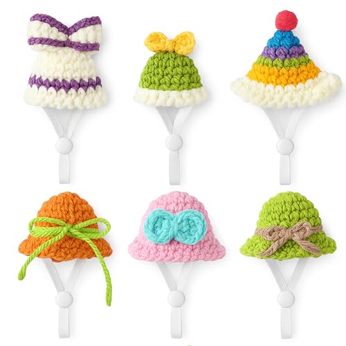 Geyoga 6 Pcs 7 Inch Desk Goose Outfits Mini Knitted Hats with Adjustable Strap Porch Goose Statue Headwear(Sunhat)