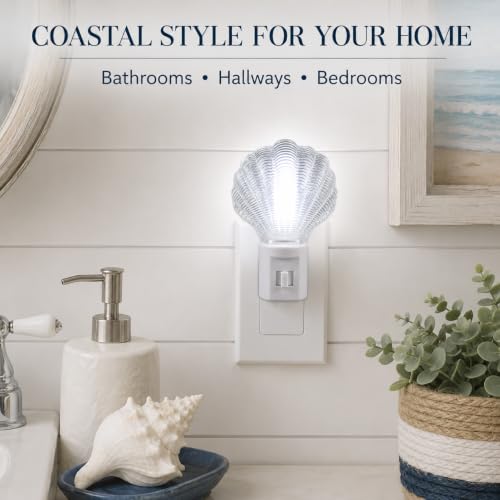Image of 2-Pack Seashell Plug-In LED Night Lights for Bathroom Hallway Bedroom
