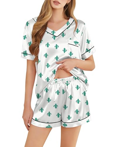 Image of Silk Pajamas for Women Short Sleeve Satin 2 Piece Pj Set Soft V Neck Sleepwear Loungewear, S-XXL