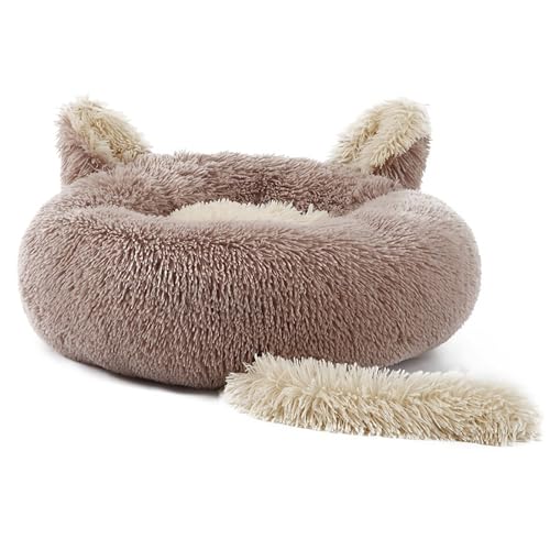 ドーナツペットベッド 犬 ベッド ふわ もこ 通年 ペットソファー 丸型 犬用ベッド オールシーズン YANGMUM ぐっすり眠る (ベージュ&ブラウン, 80cm)
