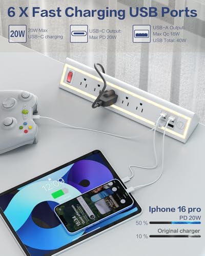 NYYTGE Desk Clamp Power Strip with Nightlight, 40W Fast Charging, 6FT Extension Cord, 4x20 - image 2
