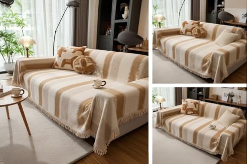 Image of The Furnishing Tree Reversible Double Sided Chenille Throw Sofa Cover, Anti-Slip Couch Cover, Comfy Sofa Towel for All Seasons, 3 Seater, Beige and Cream with Light Brown stripes