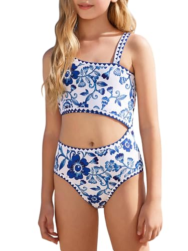 Image of GORGLITTER Girl's One Piece Swimsuits Bathing Suits Floral Cutout Color Block Boho Adjustable Straps Pad Swimwear