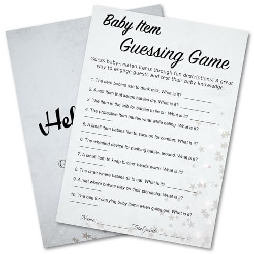 WENFLY Baby Shower Baby Item What is It Guessing Trivia Game Cards, 30 Pcs 5x7 Inch, Light Gray Design with Stars, Strips, Ready to Play, Answer Keys Included (Items Guessing)