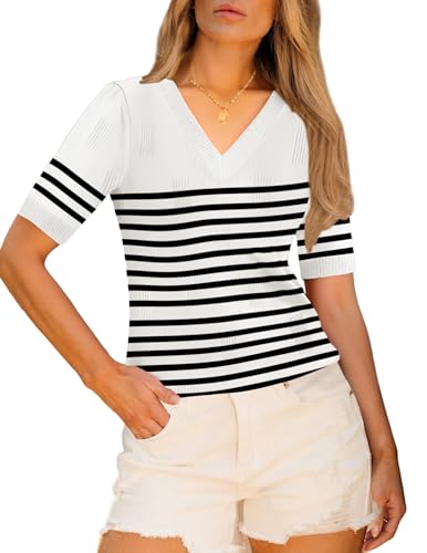 Image of Zeagoo Womens Short Sleeve Sweaters Soft Casual V Neck Pullover Tops Lightweight Knit Sweater Blouse