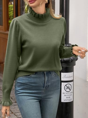 Image of Womens Ruffle Mock Neck Sweater Puff Long Sleeve Fall Trendy Pullover Tops | Fall Winter Clothes, Soft, Business Casual Outfits, Trendy Fashion, Knitted Shirts