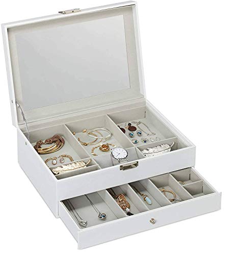 Preisvergleich Produktbild Relaxdays Schmuckkasten, 2 Ebenen, großer Spiegel, Lederoptik, Ohrringe, Ketten, Schmuckbox HxBxT: ca. 13x35x25 cm, Weiß