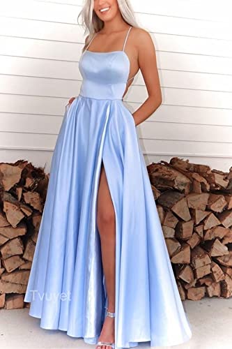 Tvuyet Satin Prom Dresses Long with Pockets Spaghetti Straps A Line Bridesmaid Dresses with Side Slit Ball Gown3