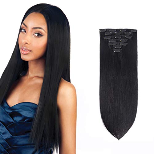 IVCoco Clip in Human Hair Extensions 100% Clip in Remy Human Hair Extensions Full Head Hair 9A Quality Full Head Thick Thickened Long Soft Silky Straight Jet Black 7 Piece 16 clips 70g 14 inch #1