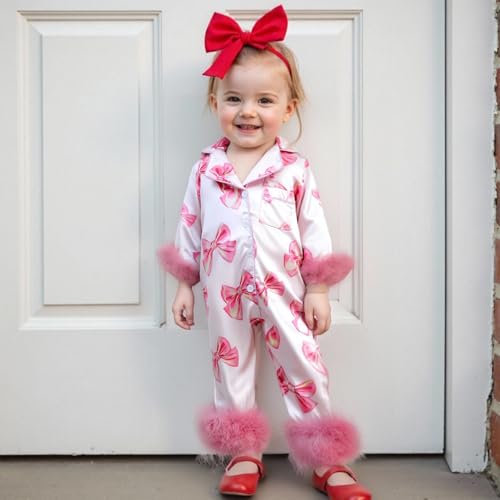 Baby Girl Silk Pajamas Bow Print Feather Trim Sleeve Button Down Romper Overall Jumpsuit Newborn Satin Pjs Nightgown4