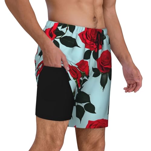Red Rose Print Men's Double Layer Swim Trunks,Athletic Beach Shorts,Adjustable Drawstring Waist3