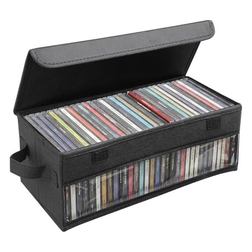 Dntorx CD Storage Box, CD Case Holder with Handles, 14.17×6.3×5.51in Lid and Clear Window Stackable CD Organizer Box Holds Up to 32 CDs in full jewel cases(Black)