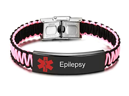 JF.JEWELRY Epilepsy Awareness Medical Alert ID Bracelet for Women Black & Pink Nylon Rope Handmade Braided Bracelets