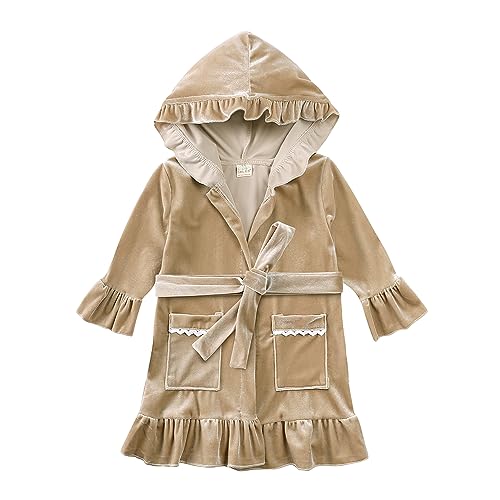 Kids Tales Girls Hooded Velour Bathrobe Toddler Long Sleeve Velvet Bath Cover up Kids Red Fleece Pockets Robe with Belt