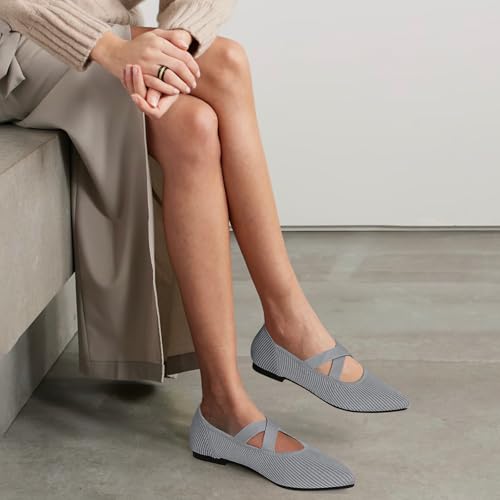 Image of TINGRISE Womens Mary Jane Flats Knit Ballet Flats for Women Pointed Toe Dressy Comfortable Slip-On Flats Shoes for Work Casual
