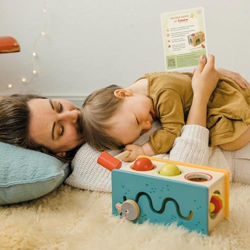Image of Bababoo & Friends Little Castle Pound and Roll Toy, Wooden Multifunction Knocking Bench for Toddlers 12+ Months, 9 inch, Promotes Fine Motor Skills, Dexterity, Cause & Effect Learning, Includes Playtales