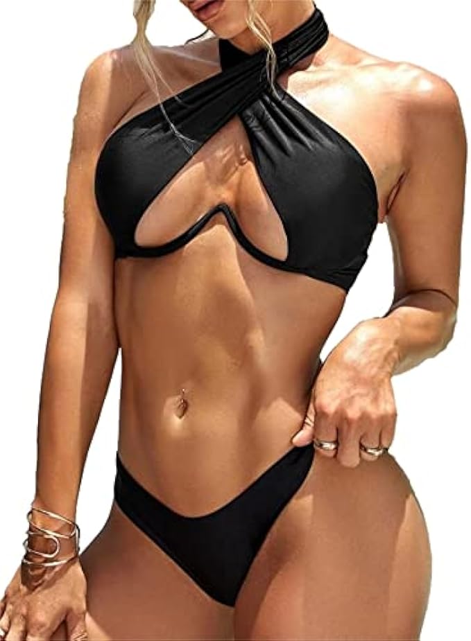 Lilosy 性感可愛鋼圈鏤空露背比基尼泳裝套裝 女款 十字交叉泳裝 2 件