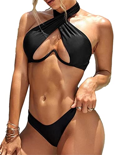 Lilosy Sexy Cute Underwire Push Up Cutout Halter Criss Cross High Cut Leg Thong Brazilian Bikini Swimsuit Set Women Cheeky Bottom Bathing Suit 2 Two Piece Black Medium