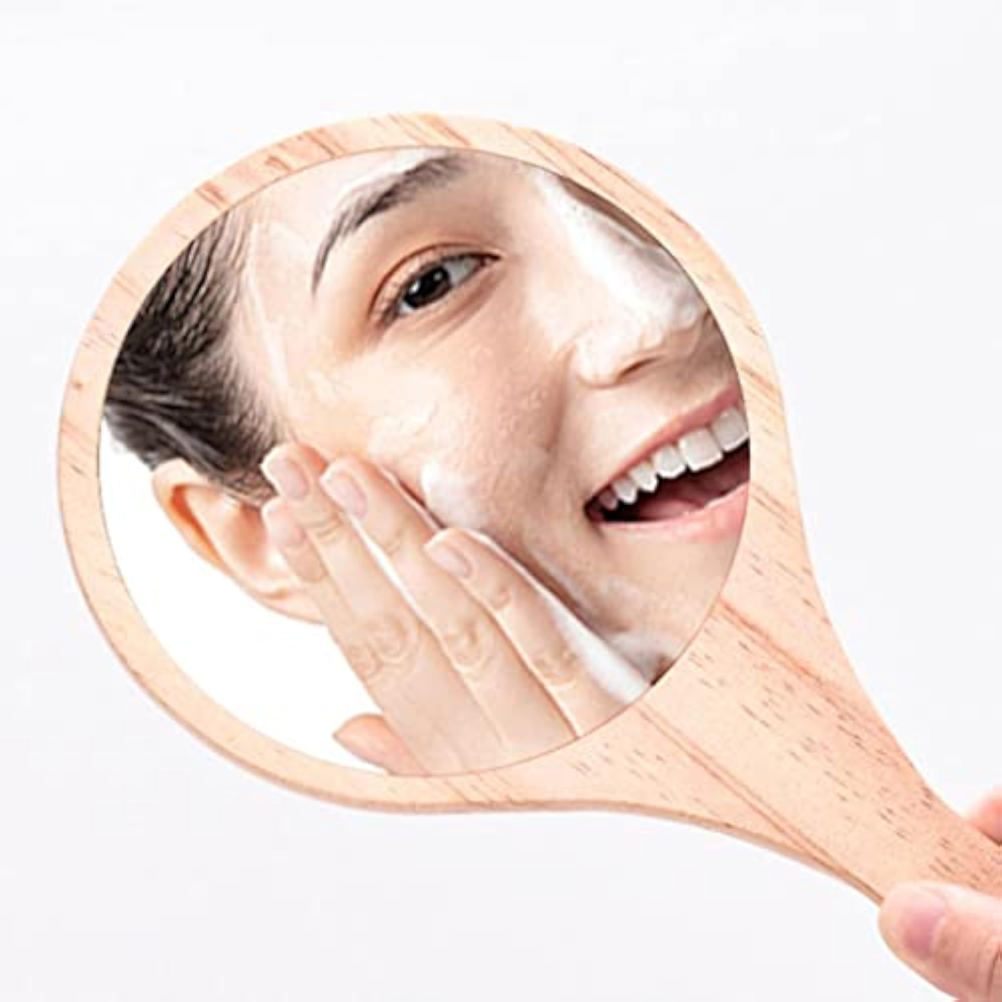 Portable Wooden Hand Vanity Mirror with Handle for Home Travel
