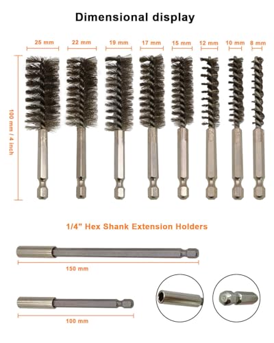 Image of Stainless Steel Wire Brush for Drill - Long Round Attachment for Rust Clean | 10Pcs Stainless Steel & Brass Wire Brush Set 8 Size, Small Long Round Drill Brushes for Rust Removal, Metal Polishing