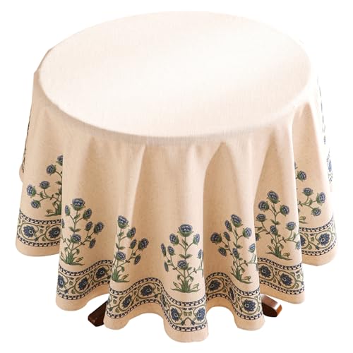 Designer Linen Blue Round Tablecloth with Vintage Leaves Pattern