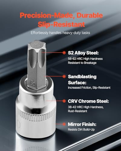 Image of VEVOR Torx Bit Socket Set, 13-Piece Star T8 - T60 Set, S2 Alloy Steel and Cr-V Steel, 1 /4 in, 3 /8 in, and 1 /2 in Drives, with Enhanced Storage Case, Torx Sockets for Hand Use, Mechanics, Auto Repair