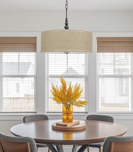 Image of Kira Home Adelade 22 inch Modern 3-Light Drum Pendant Chandelier, Sand Fabric Shade, Tempered Glass Diffuser, Adjustable Height, Oil-Rubbed Bronze Finish