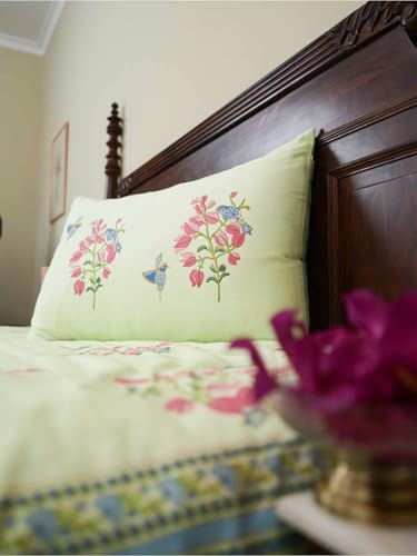Image of Bougainvillea Premium Hand Block Printed Bedsheet | Bed Spread Flatsheet Bed Sheet | Pure Cotton | Double Bed Queen Size 90 inchx108 inch | 300 TC Long Staple Cotton | 2 Pillow Covers | Floral Print