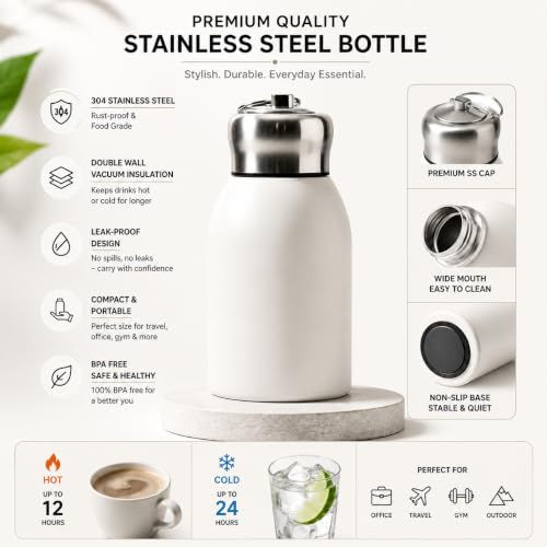 Image of 316 Stainless Steel Water Bottle 300 ml | Hot & Cold | Durable & Leak-Proof | For Office, Home, Kids, School For Women Men | 300ml water bottle | White