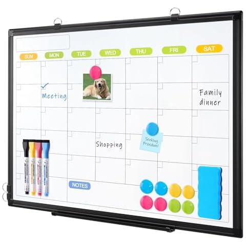 Dry Erase Calendar Whiteboard for Wall, WALGLASS 24" x 18" Magnetic White Board, Monthly Dry Erase Calendar with Black Aluminum Frame, Double-Sided Hanging Portable Board for Office, Home, School Cover