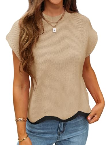 Saodimallsu Womens Cap Sleeve Knit Tops Casual Sleeveless Color Block Crew Neck Loose Fit Summer Trendy Sweater Vest